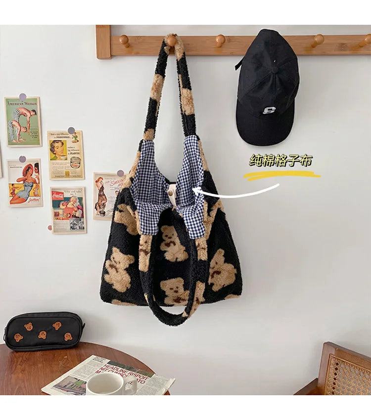 Plush Bear Shoulder Bag Soft, Cute & Ultra Trendy , Premium Large Capacity Plush Tote  Fashionable, Fun & Practical