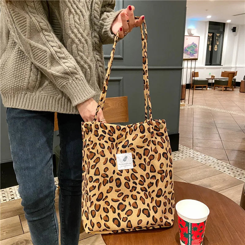 Premium Canvas Lined Shoulder Bag Stylish, Practical & Fashion2026 Wild Chic! Corduroy Leopard Tote Bag Cute, Eco-Friendly & Ultra Trendy