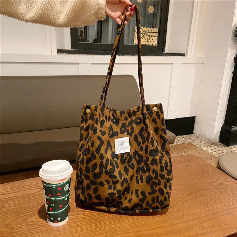 Premium Canvas Lined Shoulder Bag Stylish, Practical & Fashion2026 Wild Chic! Corduroy Leopard Tote Bag Cute, Eco-Friendly & Ultra Trendy
