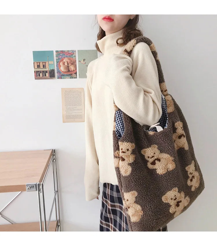 Plush Bear Shoulder Bag Soft, Cute & Ultra Trendy , Premium Large Capacity Plush Tote  Fashionable, Fun & Practical