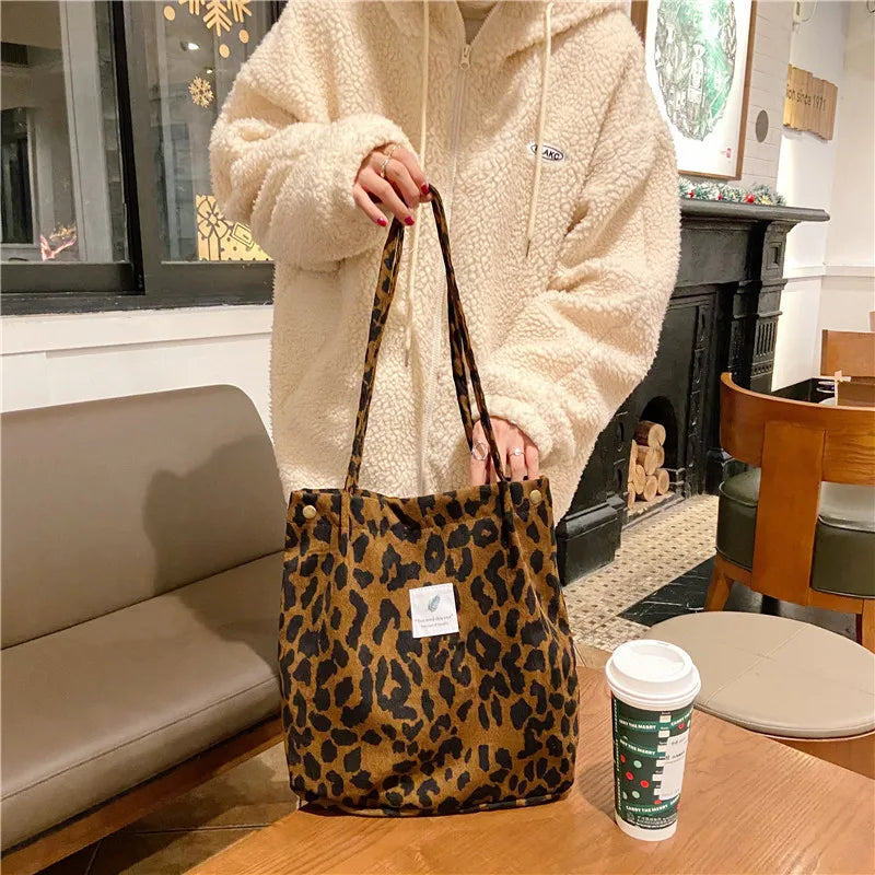 Premium Canvas Lined Shoulder Bag Stylish, Practical & Fashion2026 Wild Chic! Corduroy Leopard Tote Bag Cute, Eco-Friendly & Ultra Trendy