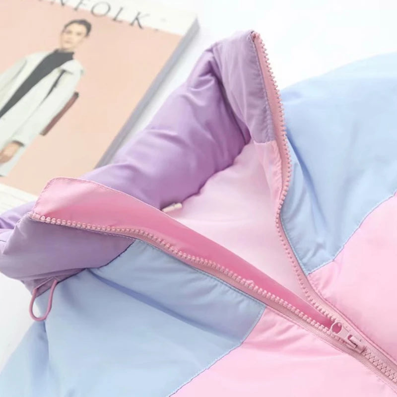 Women Winter Padded Puffer Jacket Rainbow Stripes Hooded Drawstring Zipper Coat