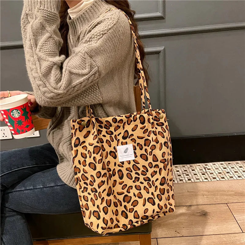 Premium Canvas Lined Shoulder Bag Stylish, Practical & Fashion2026 Wild Chic! Corduroy Leopard Tote Bag Cute, Eco-Friendly & Ultra Trendy