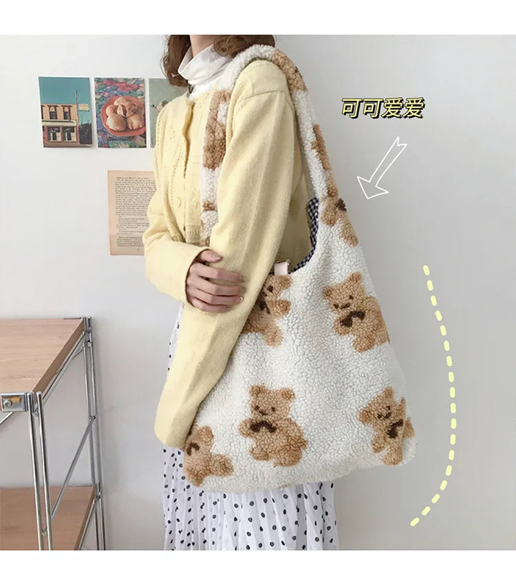 Plush Bear Shoulder Bag Soft, Cute & Ultra Trendy , Premium Large Capacity Plush Tote  Fashionable, Fun & Practical