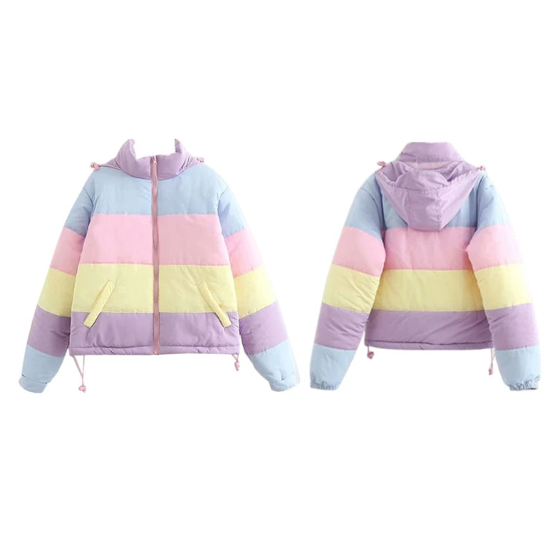 Women Winter Padded Puffer Jacket Rainbow Stripes Hooded Drawstring Zipper Coat