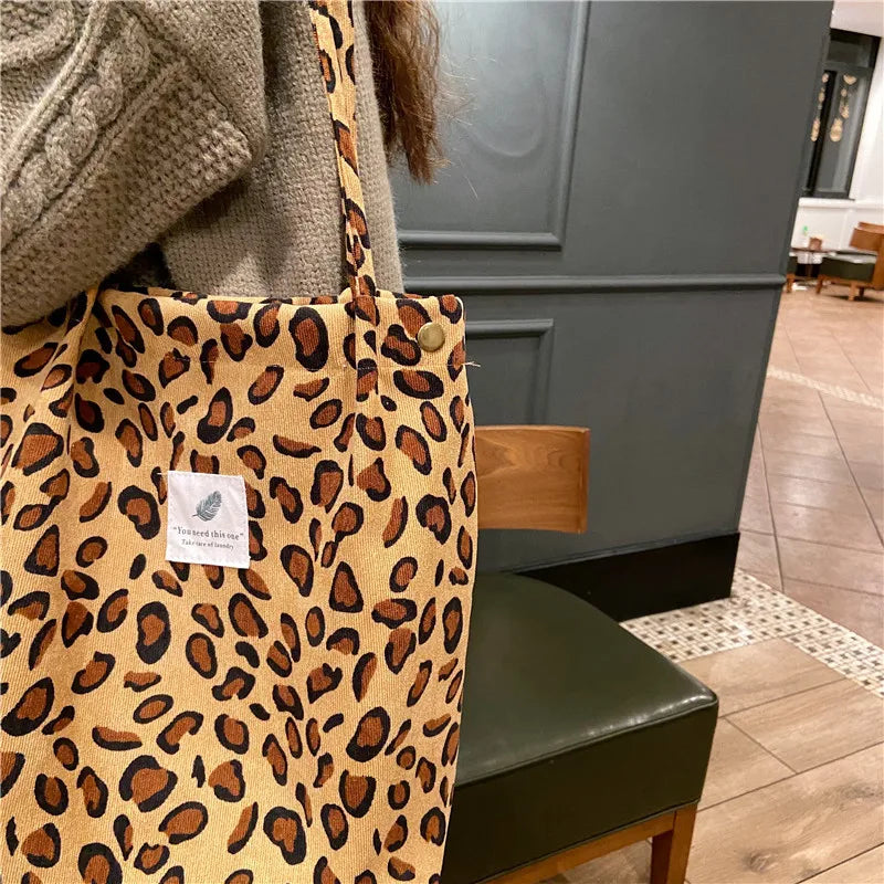 Premium Canvas Lined Shoulder Bag Stylish, Practical & Fashion2026 Wild Chic! Corduroy Leopard Tote Bag Cute, Eco-Friendly & Ultra Trendy