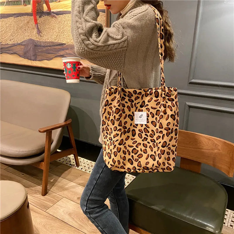 Premium Canvas Lined Shoulder Bag Stylish, Practical & Fashion2026 Wild Chic! Corduroy Leopard Tote Bag Cute, Eco-Friendly & Ultra Trendy