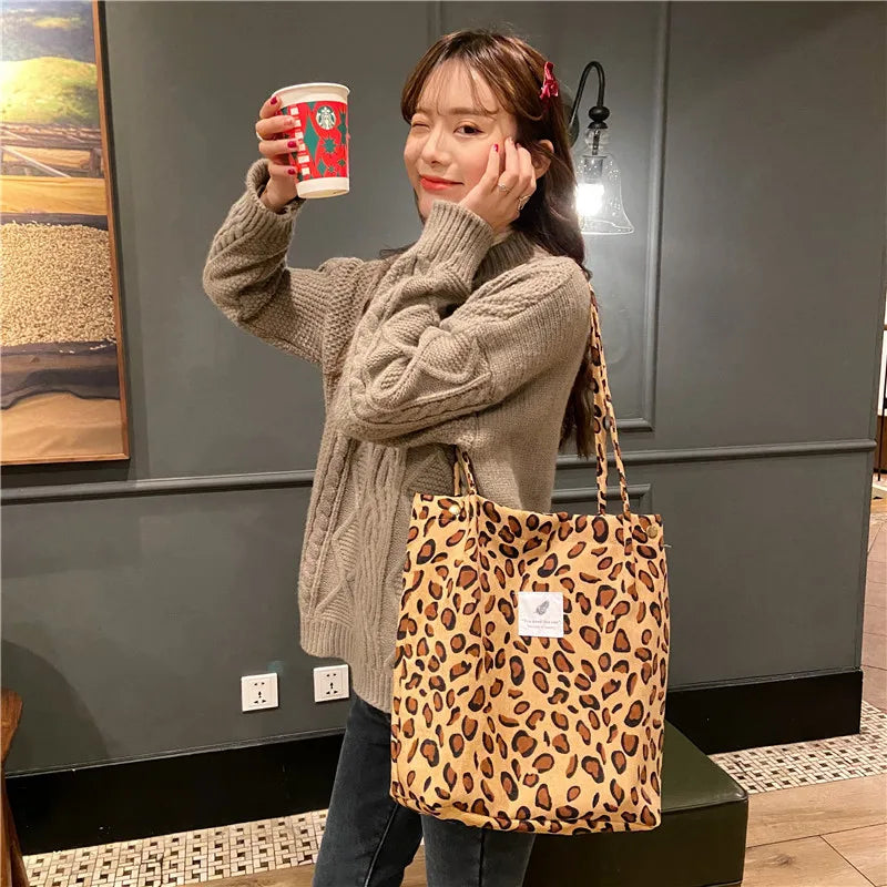 Premium Canvas Lined Shoulder Bag Stylish, Practical & Fashion2026 Wild Chic! Corduroy Leopard Tote Bag Cute, Eco-Friendly & Ultra Trendy