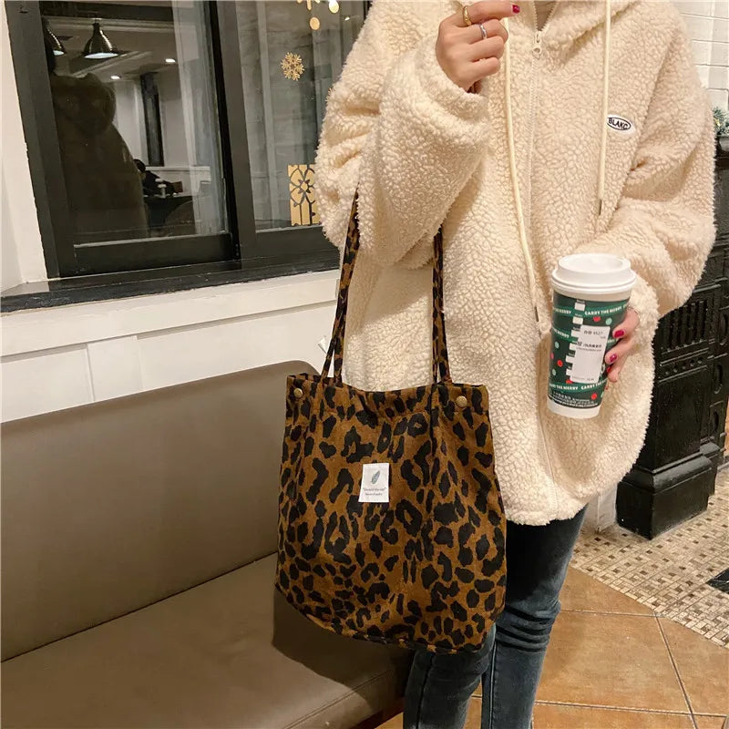 Premium Canvas Lined Shoulder Bag Stylish, Practical & Fashion2026 Wild Chic! Corduroy Leopard Tote Bag Cute, Eco-Friendly & Ultra Trendy