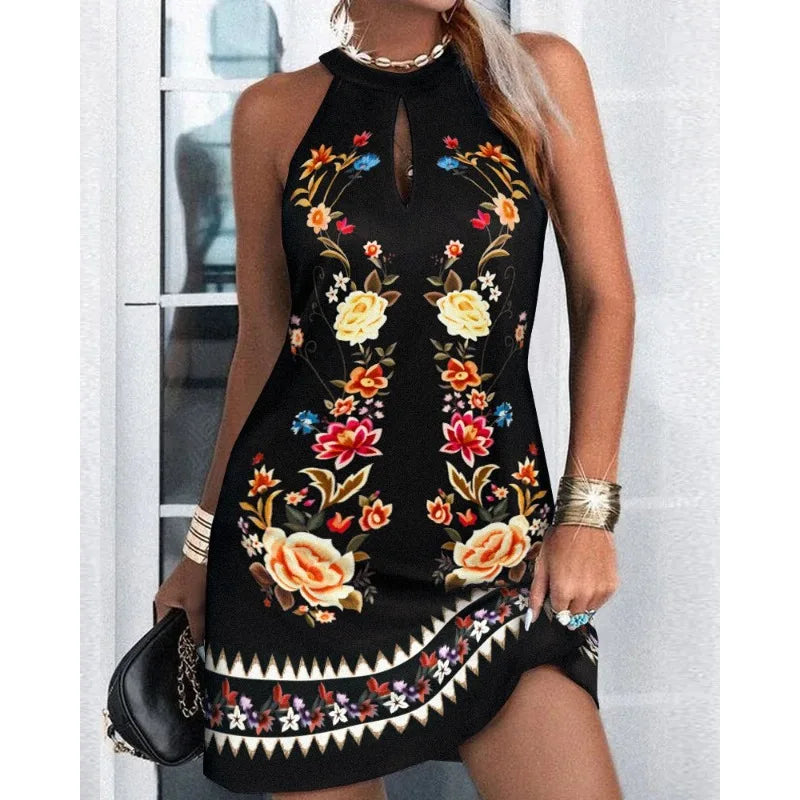 Luxury Meets Fun Trendy Dress for Commuter Days or Holiday Nights, Summer Vibes! Sexy Sleeveless Hanging Neck Printed Dress Perfect for Parties & Getaways , Casual Dress with Chic Prints & Flirty Sleeveless Design