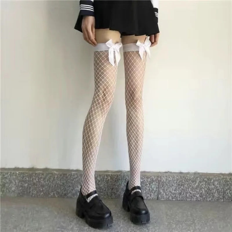High Quality 2026 Edtion Fancy White Puresire Fishnet Stockings Pink Bow Tie Contrasting Color Women's Knee High sexy hollow out seductive large mesh Stocking#