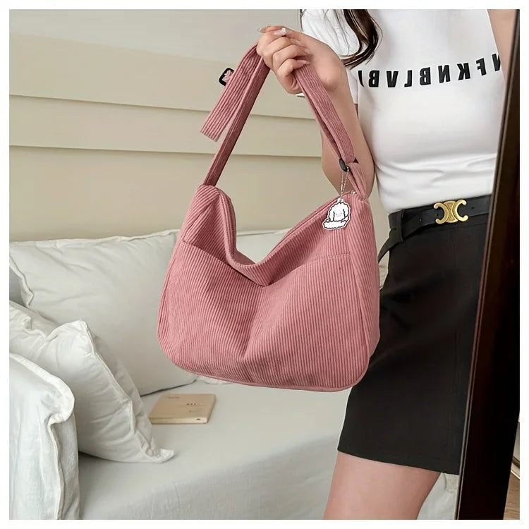 Women’s Corduroy Shoulder Bag, Casual Striped Large Capacity Tote with Zipper Closure, Cute Hat Patch, Perfect for Everyday Use