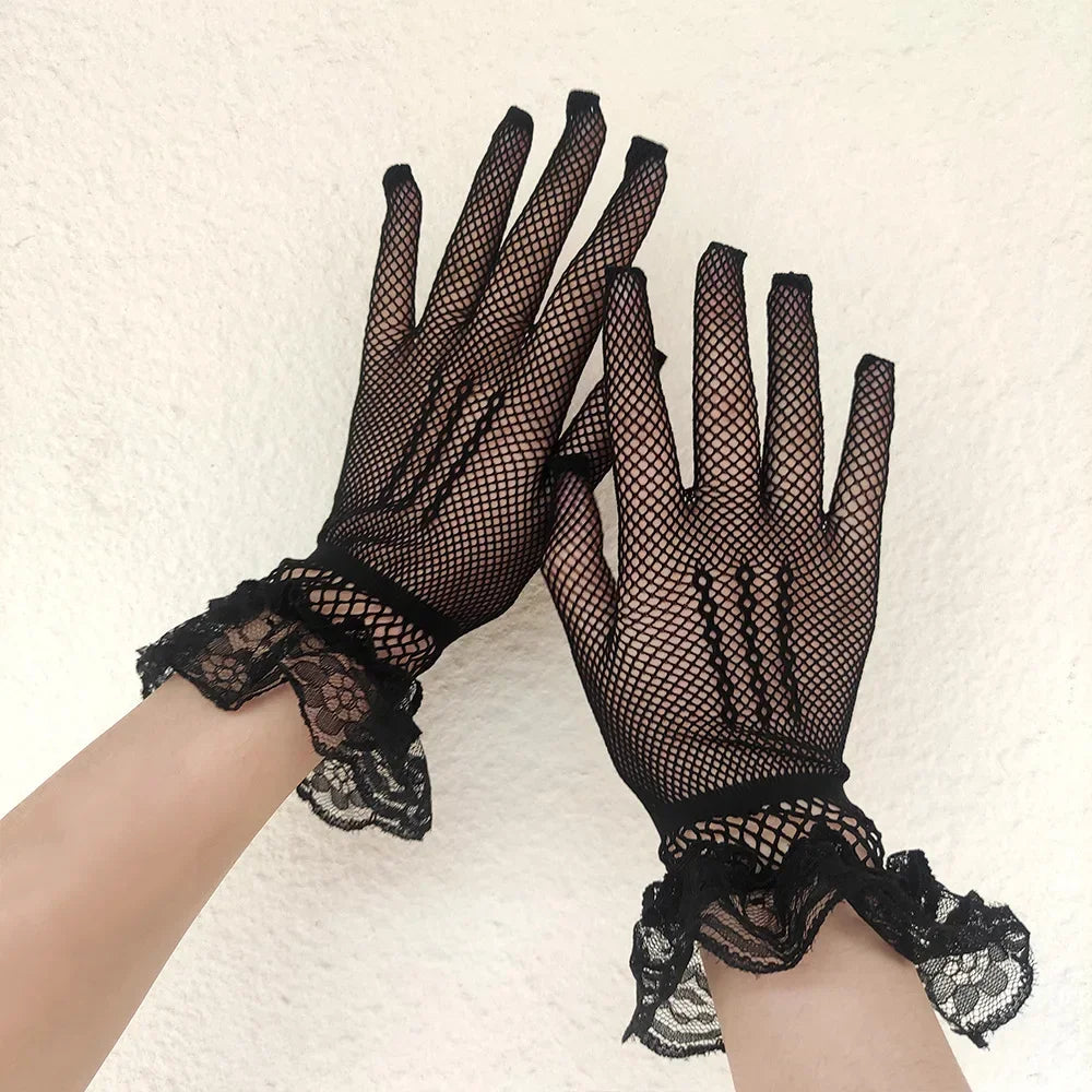 Premium 2026 Style Ruffle Mesh Gloves for Women Full Finger Elegance & Trendy Vibes , Fishnet Lace Driving Gloves Sexy, UV Proof & Effortlessly Chic