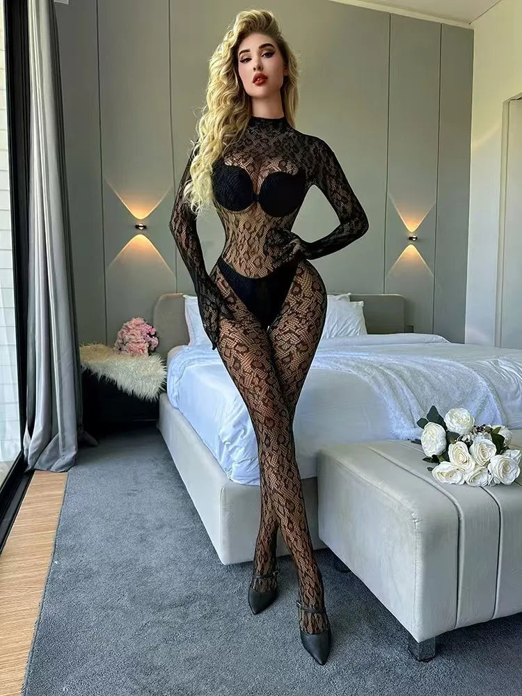 High Quality 2026 Fashion Women Sexy Leopard Hollow Out Mesh Bodystocking Fishnet Lingerie Long Sleeve See Through Bodysuit Jumpsuit Nightwear SIMPLEJEWEL