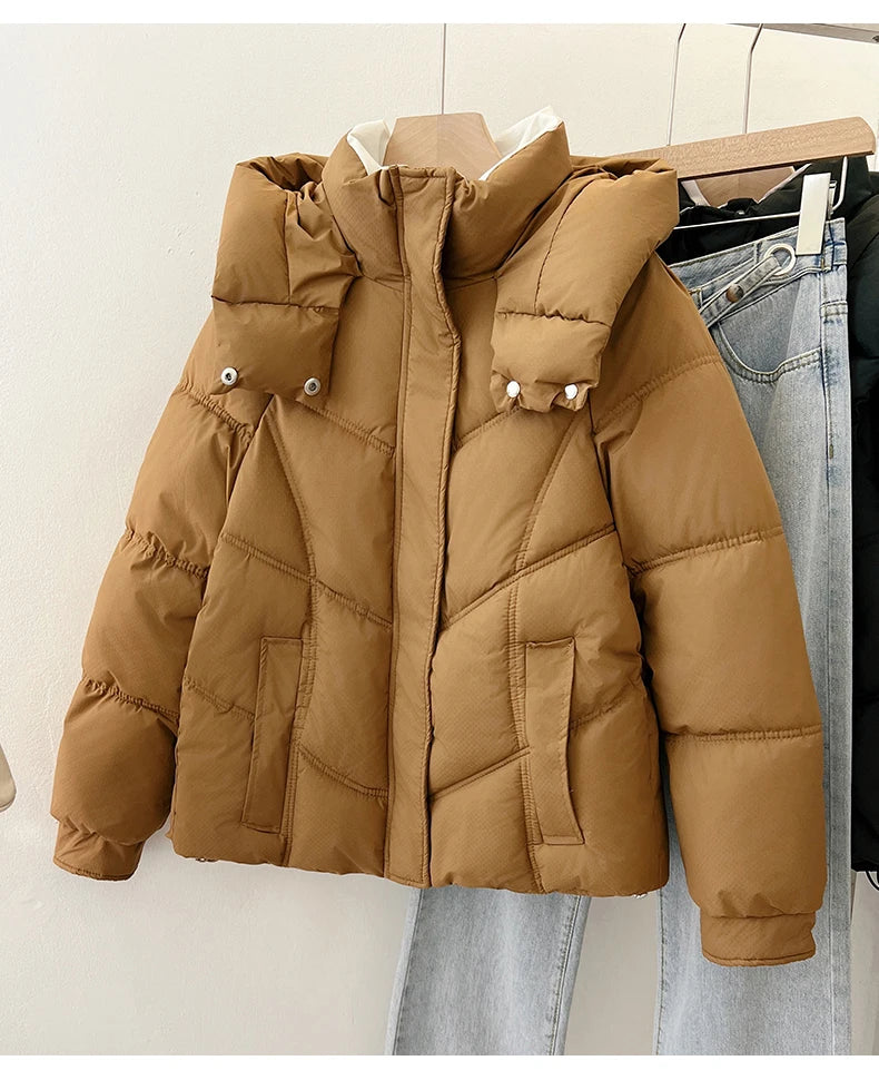 2025 Autumn Winter Puffer Jacket Women Thicken Down Cotton Padded Loose Coat Female Hooded Solid Long Sleeve Short Parkas