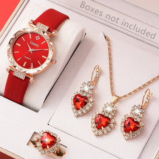 Luxury Love Set  Elegant Red Leather Watch Heart Jewelry Perfect Gift for Mum & Sister Luxury Gift of Love  2026 Edition Women’s Watch Jewelry Set Elegant, High Class & Heart Set Red, Radiant & Romantic