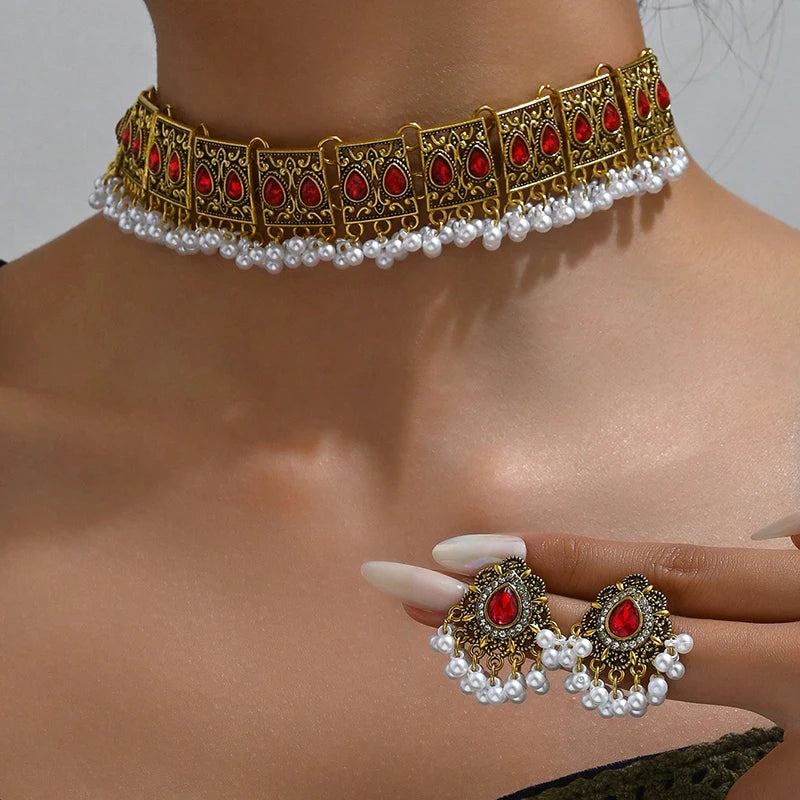 Premium Pearl & Crystal Jewelry Set Chic Necklace & Earrings Combo, Simulated Pearls & Resin Stones Necklace Set , Shine Bright in 2026 Vintage Inspired Jewelry Set