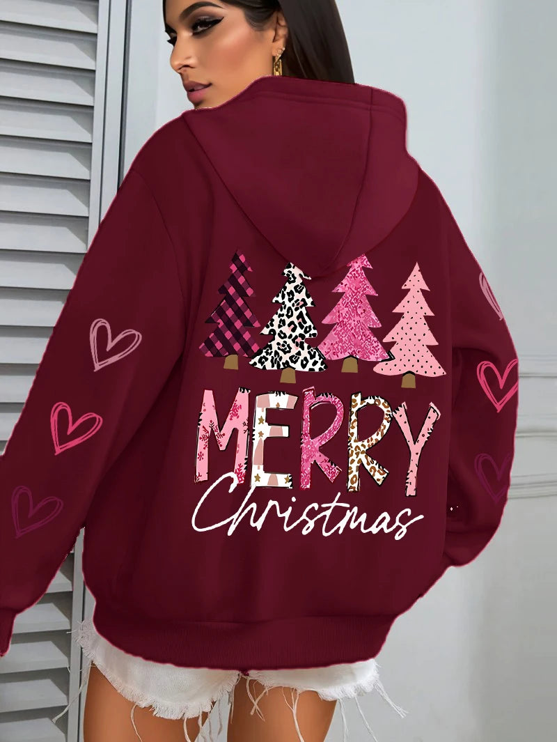 All Match Holiday Streetwear Women’s Merry Christmas Hoodie, Casual, Cozy & Christmas-Ready Harajuku Pink Tree Pullover, Merry Christmas Pink and more colours Tree Hoodie!, Celebrate 2025 in Style Christmas Tree Loose Hoodie