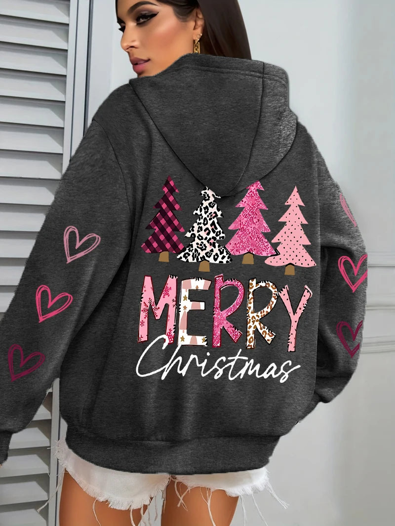 All Match Holiday Streetwear Women’s Merry Christmas Hoodie, Casual, Cozy & Christmas-Ready Harajuku Pink Tree Pullover, Merry Christmas Pink and more colours Tree Hoodie!, Celebrate 2025 in Style Christmas Tree Loose Hoodie