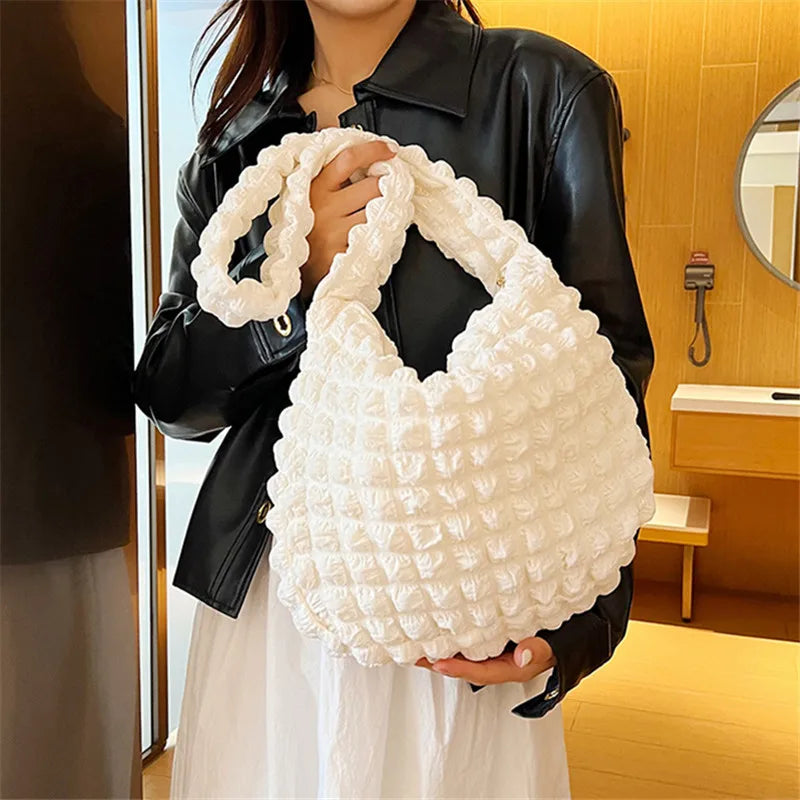 Crossbody Bag With Pleated Design Embroidered Plaid Shoulder Bag Underarm Bags Simple Large Capacity Quilted Tote Bags For Women