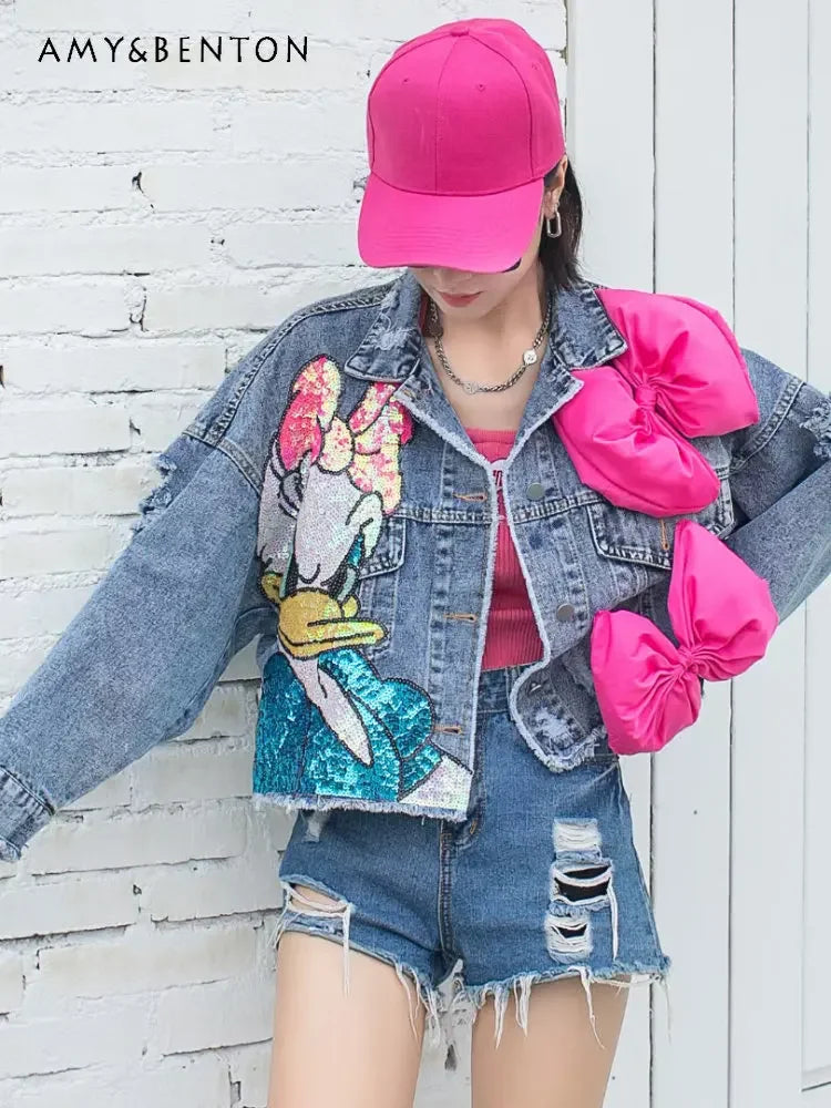 Fashion Brand Jeans Coat Women's Spring Autumn New Heavy Industry Cartoon Sequins Chaqueta High Street Loose-Fitting Denim Coats