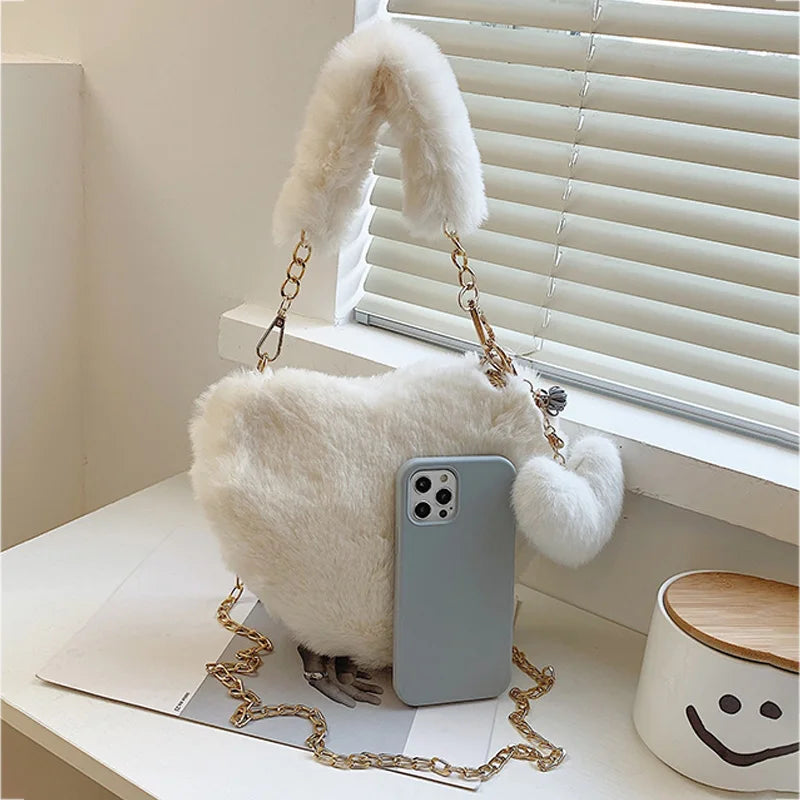 Premium Plush Chain Shoulder Bag  Sexy, Fashion , 2026 Fluffy Chic! Heart-Shaped Faux Fur Bag Cute, Cozy & Ultra Trendy