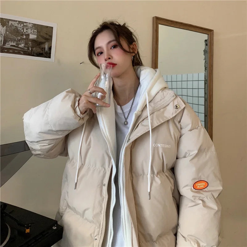 Chic Faux Two Design Pieces Parkas Women Puffy Patchwork Hooded Parka Jacket Woman Winter Pockets Zipper Up Padded Jacket Ladies