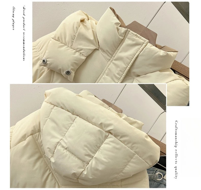 2025 Autumn Winter Puffer Jacket Women Thicken Down Cotton Padded Loose Coat Female Hooded Solid Long Sleeve Short Parkas