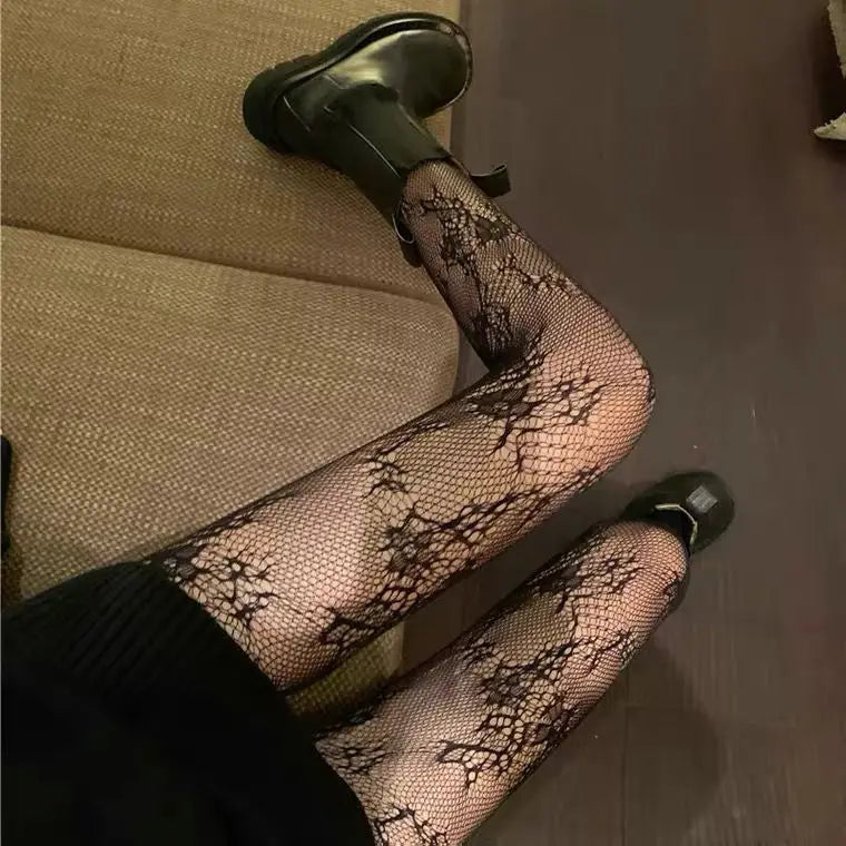 High Quality Heart Flower Pattern Pantyhose, Trendy Japanese Punk Inspired Mesh Tights Sexy, Soft & Premium, Mesh Heart & Flower Fishnet Stockings, Sexy & Cute! Heart Flower Mesh Fishnet Tights for Trendy Girls
