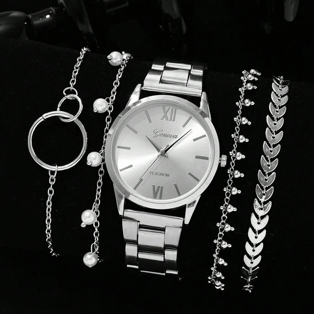 Luxury Quartz Watch Set for Women Premium Silver Elegance with Rhinestone Detail, High Quality 5PCS Women’s Fashion Watch Set Sleek Silver Alloy & Timeless Style, Premium Women’s Silver Quartz Watches Jewelry Set for Chic & Timeless Looks