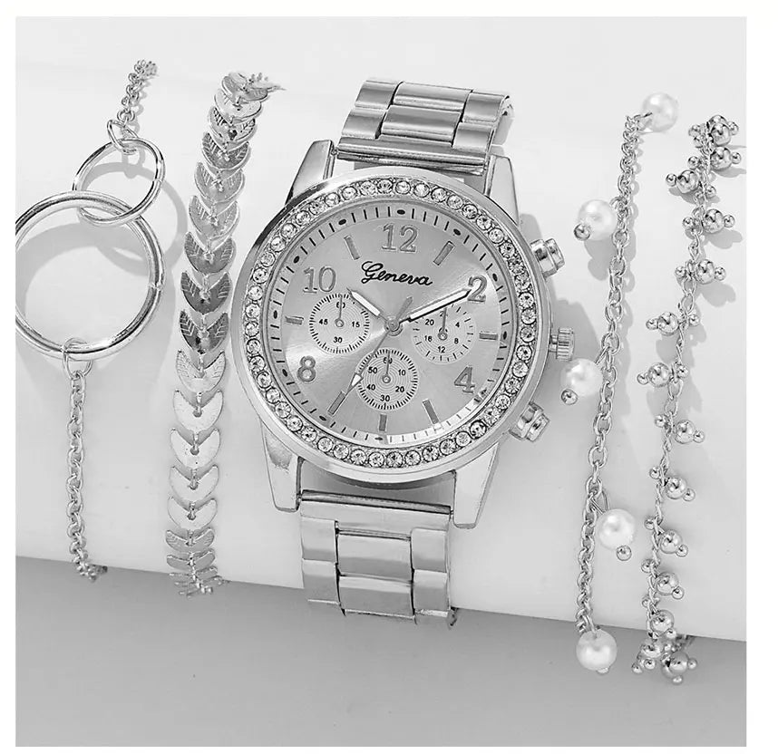 Luxury Quartz Watch Set for Women Premium Silver Elegance with Rhinestone Detail, High Quality 5PCS Women’s Fashion Watch Set Sleek Silver Alloy & Timeless Style, Premium Women’s Silver Quartz Watches Jewelry Set for Chic & Timeless Looks