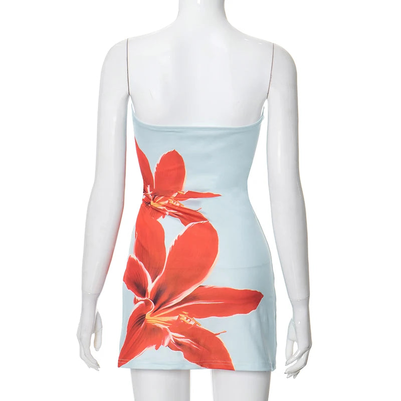 Premium Blue Strapless Dress with High Waist & Elegant Party Vibes, Sexy Strapless Floral Mini Dress Backless & Stunning, Strapless Floral Dress with High-Quality Fabric & Flawless Fit