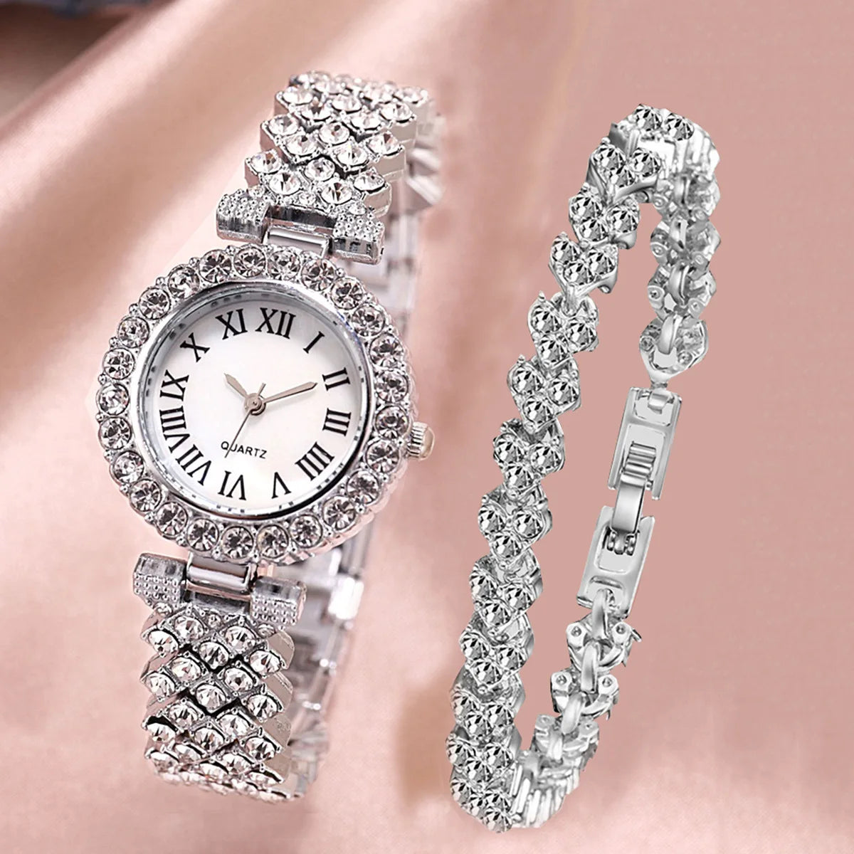 Rose Gold 2026 Premium Quality Rhinestone Watch & Bracelet Set For Women, Shine Like a Diamond 2 PCS Luxury Rose Gold Watch & Bracelet Premium, Feminine & Irresistibly Chic, Elegant Rose Gold Rhinestone Watch Set
