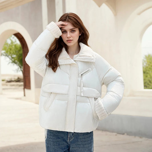 Winter Warm Puffer Jacket Cute Short Parka Patchwork Cotton-padded Coat Trendy Loose Fitting Hooded Zipper Windproof Outerwear