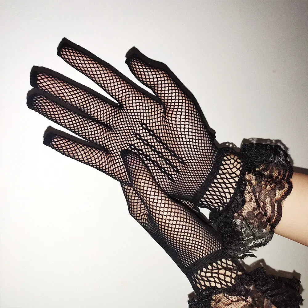 Premium 2026 Style Ruffle Mesh Gloves for Women Full Finger Elegance & Trendy Vibes , Fishnet Lace Driving Gloves Sexy, UV Proof & Effortlessly Chic