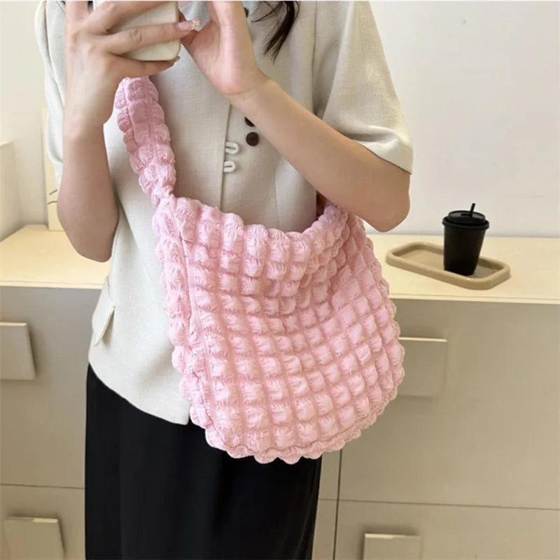 Crossbody Bag With Pleated Design Embroidered Plaid Shoulder Bag Underarm Bags Simple Large Capacity Quilted Tote Bags For Women