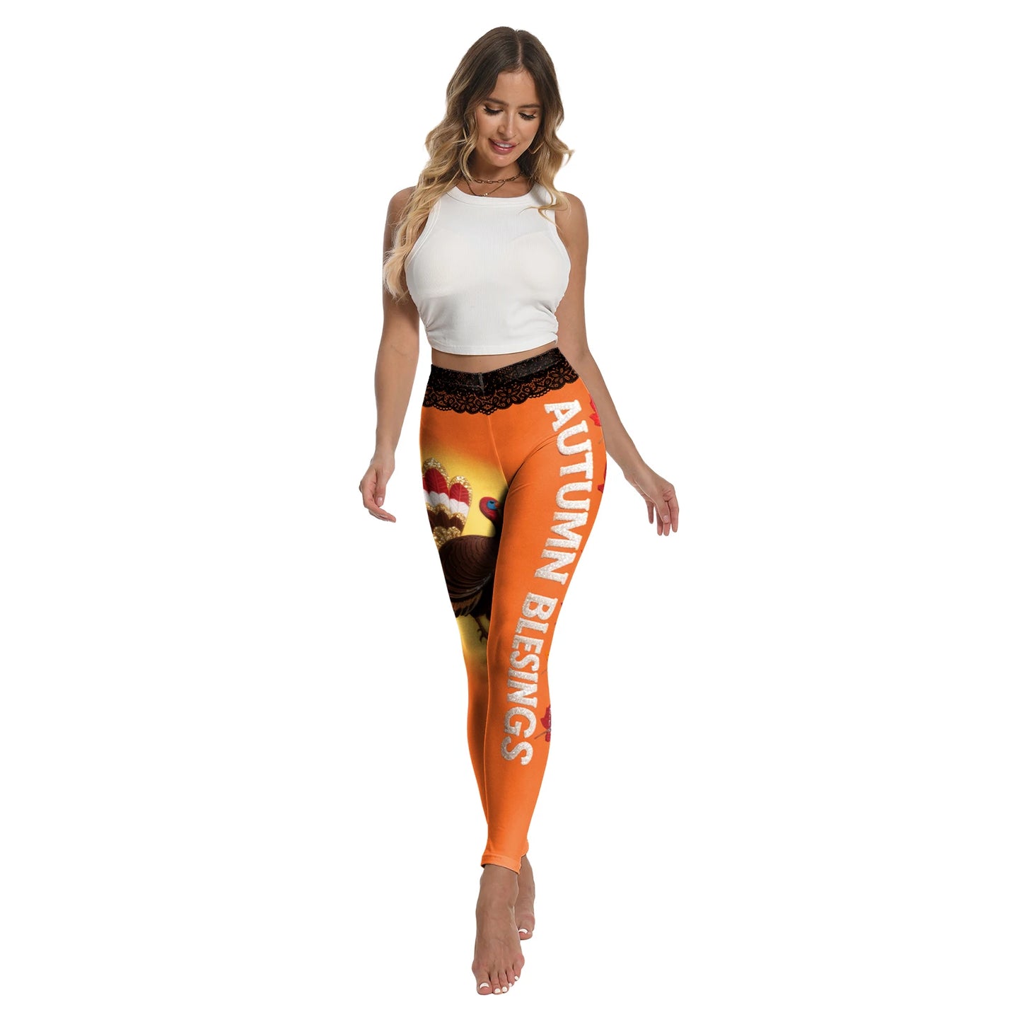 High Quality 2026 Edition Maple Leaf Pattern Cosplay Leggings Thanksgiving Day Turkey Tight Pants Woman Autumn Holiday Costumes Party Performance Trousers