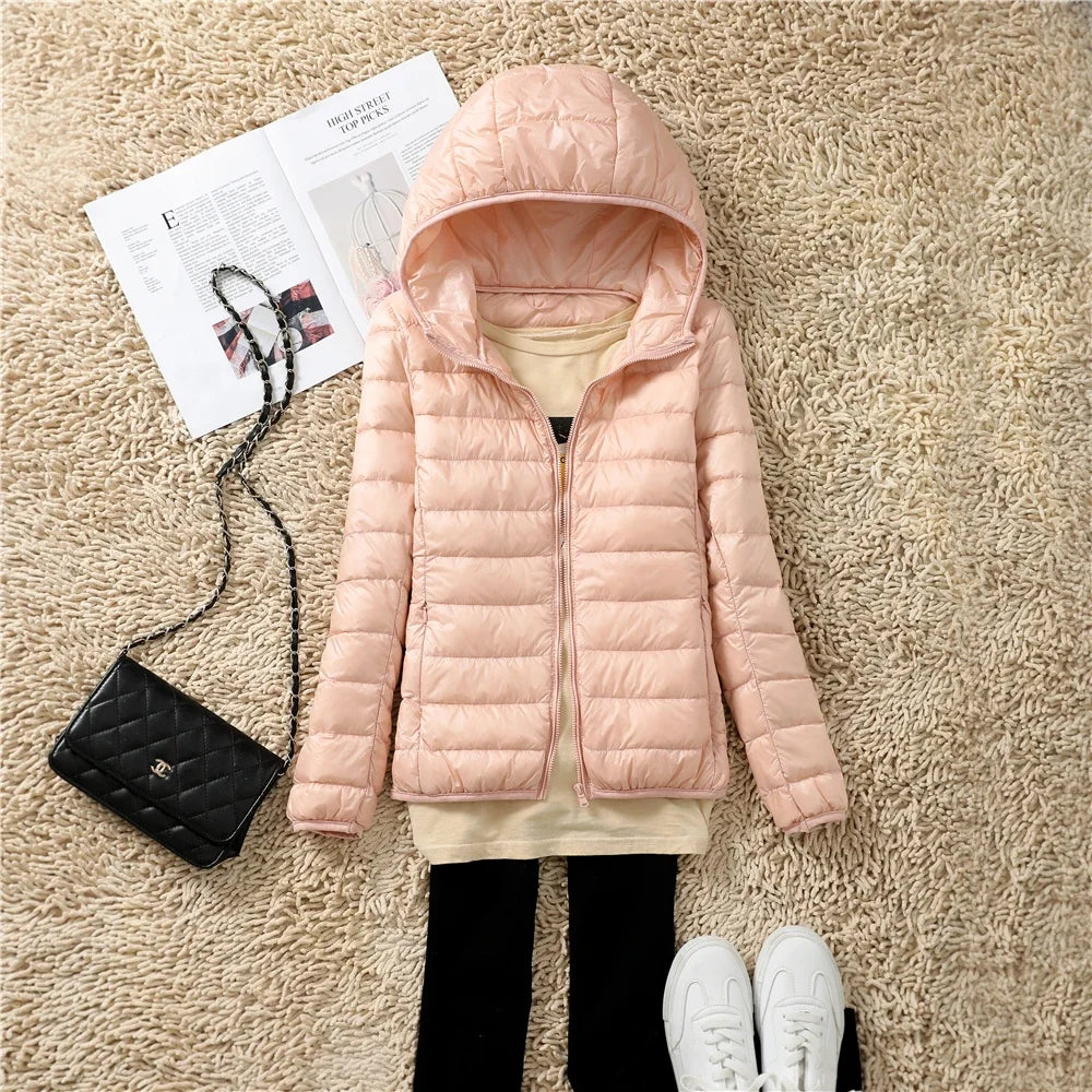 Women Puffer Jacket 2024 New Spring Autumn Female Ultra Light Weight Packable Hooded Down Coats Winter Inner Dock Down Coat