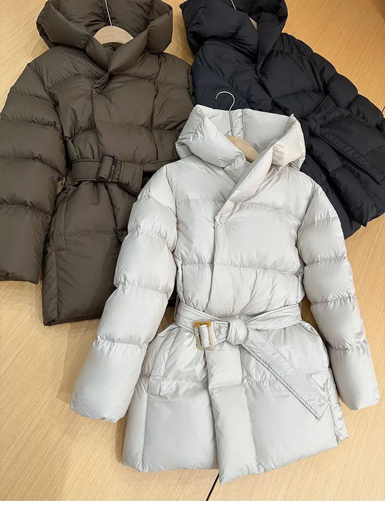 Winter Hooded Women's Down Jackets Ultra Light Warm Casual Lace-up Coat Female Puffer Jacket With Belt Elegant Parka Overcoat
