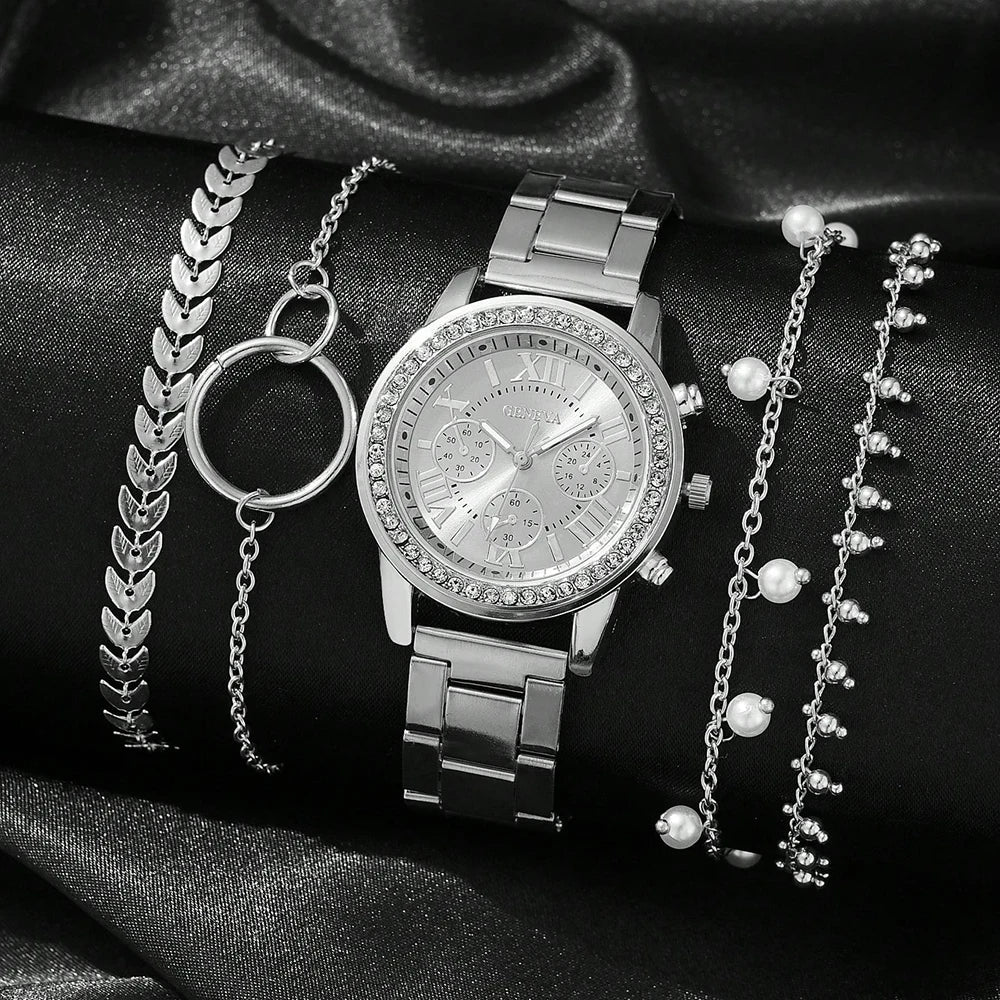 Luxury Quartz Watch Set for Women Premium Silver Elegance with Rhinestone Detail, High Quality 5PCS Women’s Fashion Watch Set Sleek Silver Alloy & Timeless Style, Premium Women’s Silver Quartz Watches Jewelry Set for Chic & Timeless Looks