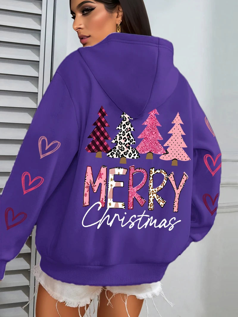 All Match Holiday Streetwear Women’s Merry Christmas Hoodie, Casual, Cozy & Christmas-Ready Harajuku Pink Tree Pullover, Merry Christmas Pink and more colours Tree Hoodie!, Celebrate 2025 in Style Christmas Tree Loose Hoodie