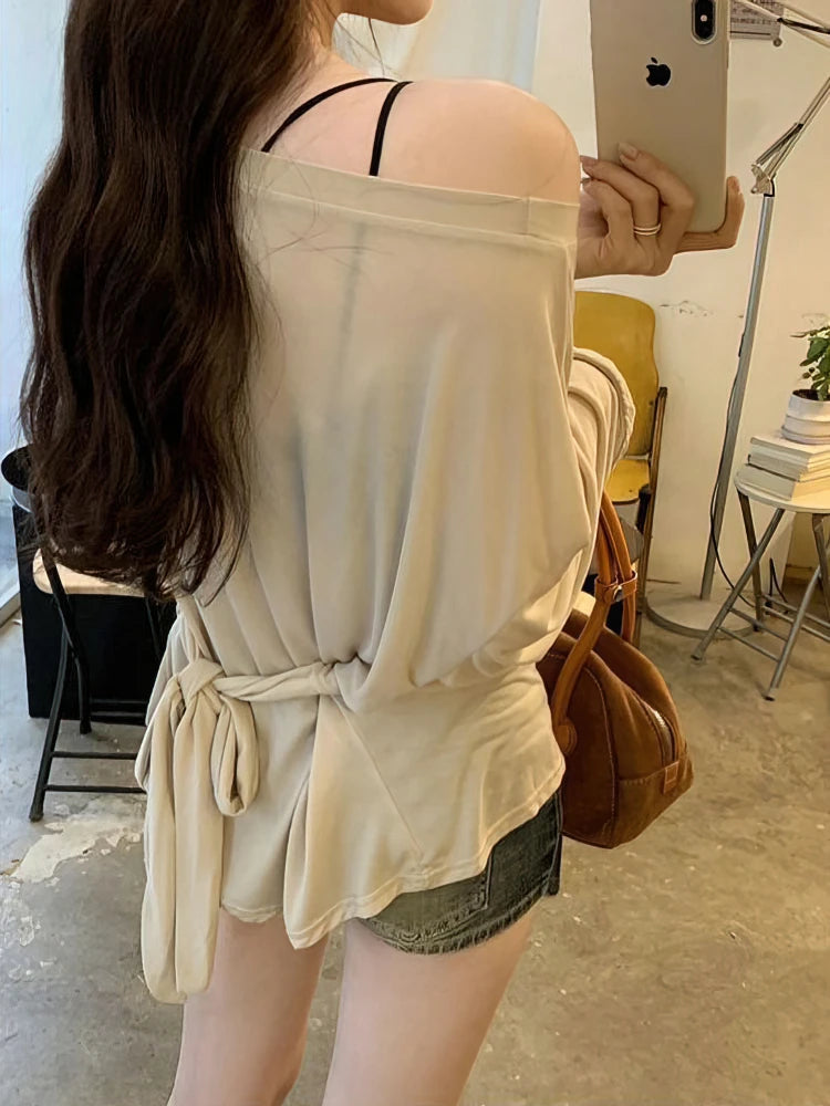Quality 2026 Fashion Style Sexy Thin See Through Long sleeve Oversize T shirt Women Bandage Off shoulder Top Female Basic Long Tees Korean Chic Lady New