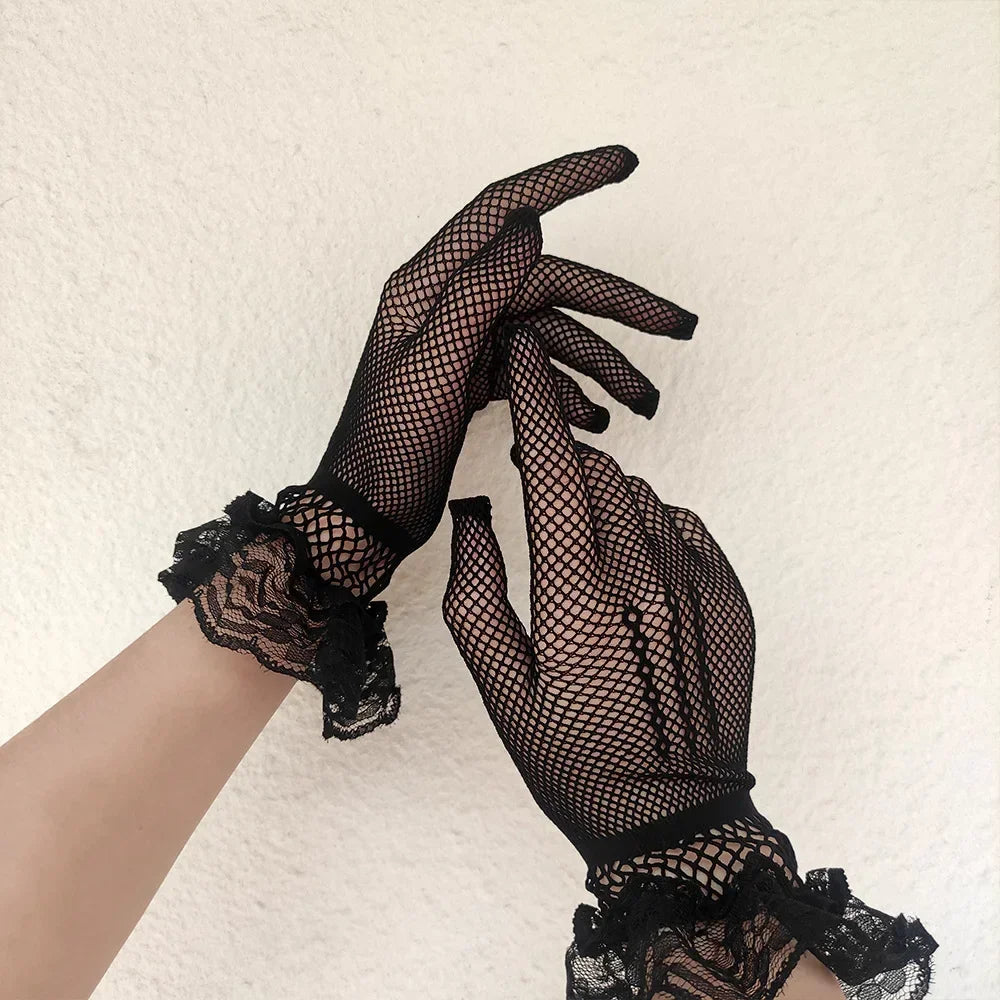 Premium 2026 Style Ruffle Mesh Gloves for Women Full Finger Elegance & Trendy Vibes , Fishnet Lace Driving Gloves Sexy, UV Proof & Effortlessly Chic