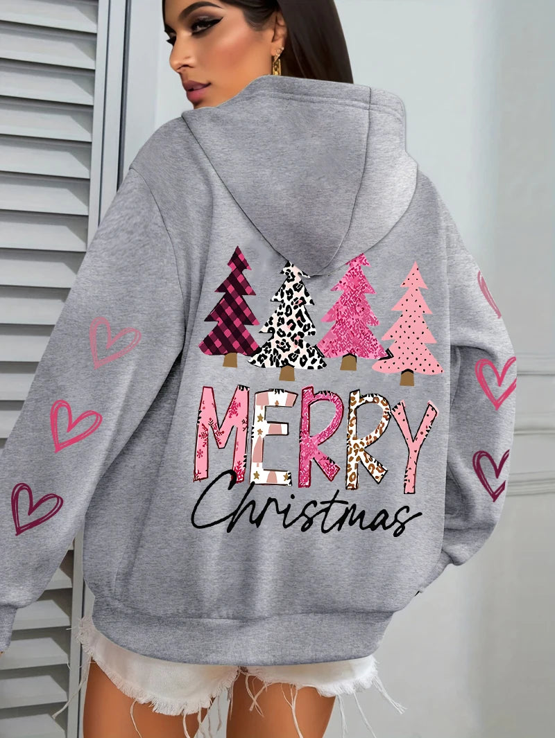 All Match Holiday Streetwear Women’s Merry Christmas Hoodie, Casual, Cozy & Christmas-Ready Harajuku Pink Tree Pullover, Merry Christmas Pink and more colours Tree Hoodie!, Celebrate 2025 in Style Christmas Tree Loose Hoodie