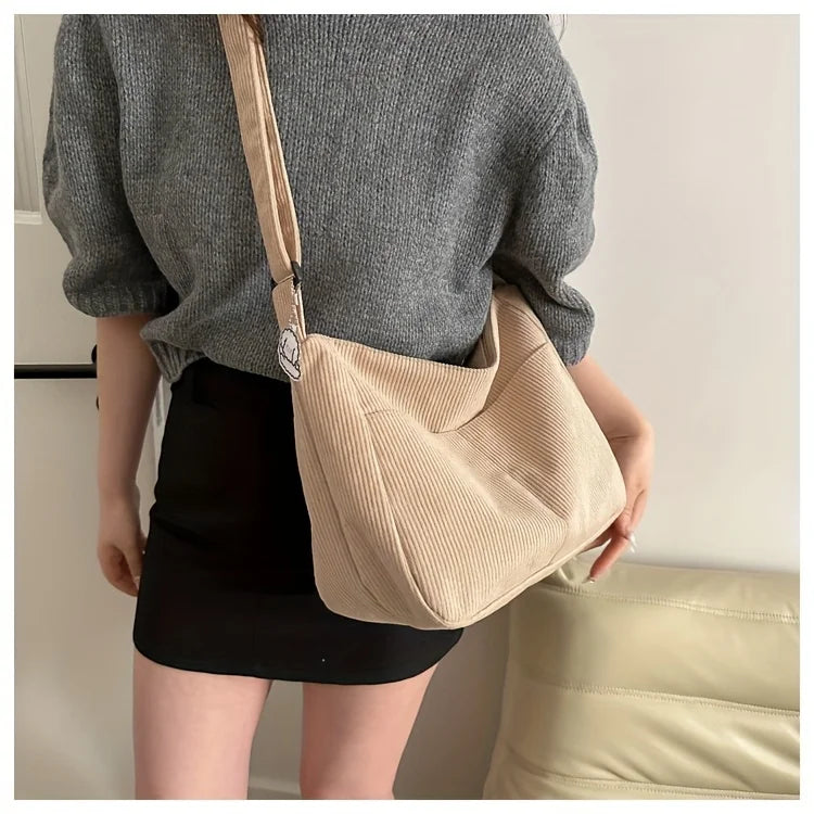 Women’s Corduroy Shoulder Bag, Casual Striped Large Capacity Tote with Zipper Closure, Cute Hat Patch, Perfect for Everyday Use