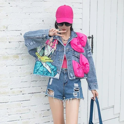 Fashion Brand Jeans Coat Women's Spring Autumn New Heavy Industry Cartoon Sequins Chaqueta High Street Loose-Fitting Denim Coats