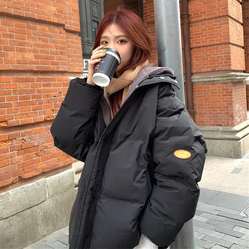 Chic Faux Two Design Pieces Parkas Women Puffy Patchwork Hooded Parka Jacket Woman Winter Pockets Zipper Up Padded Jacket Ladies