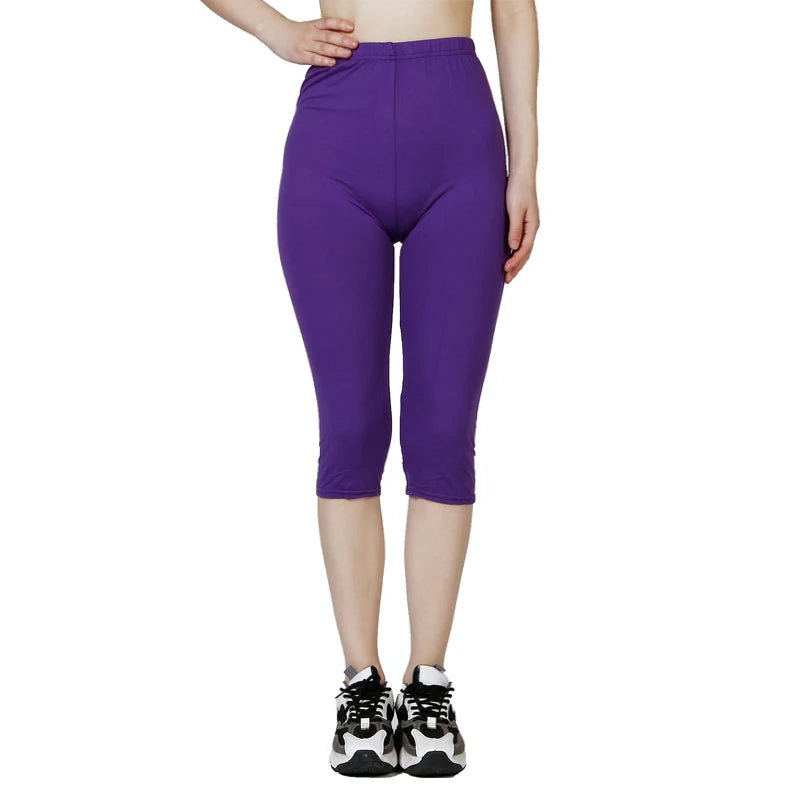 Premium Quality 2026 Winter Style QR63 Solid Color Capris Leggings, WOMEN'S Fashionable Elastic Waist Exercise, Short Leg Pants