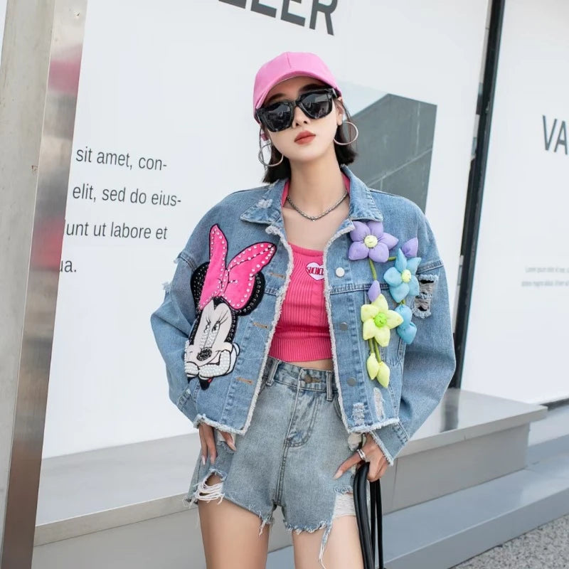 Fashion Brand Jeans Coat Women's Spring Autumn New Heavy Industry Cartoon Sequins Chaqueta High Street Loose-Fitting Denim Coats