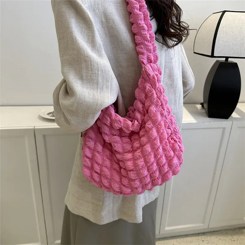 Crossbody Bag With Pleated Design Embroidered Plaid Shoulder Bag Underarm Bags Simple Large Capacity Quilted Tote Bags For Women